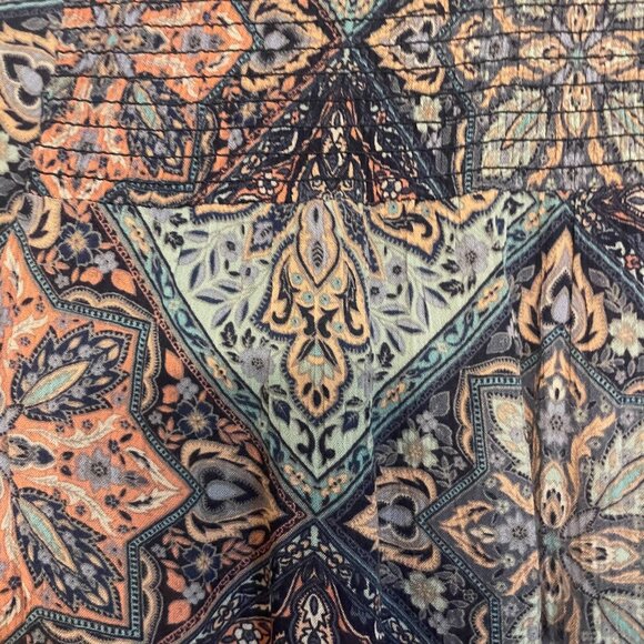 J. Jill | Blue/Pink Mosaic Design Smocked 3/4 Sleeve Boho Blouse Medium - Picture 3 of 5